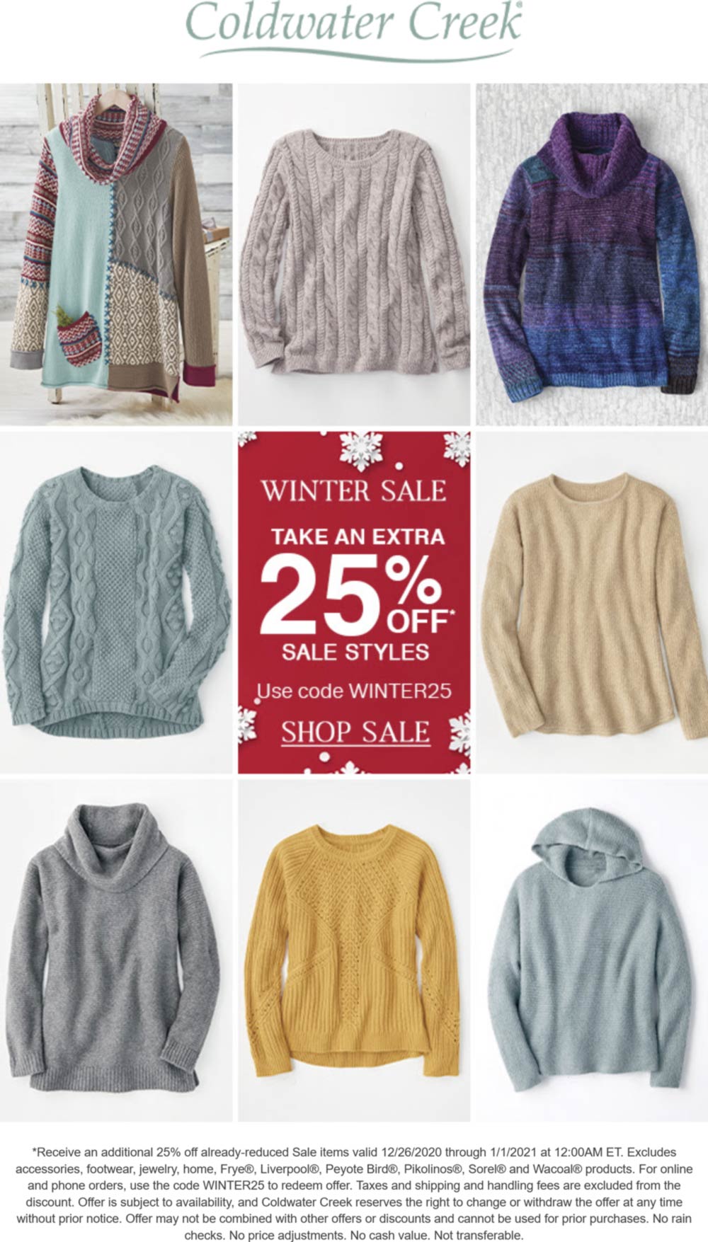 Coldwater Creek stores Coupon  Extra 25% off sale items at Coldwater Creek via promo code WINTER25 #coldwatercreek 