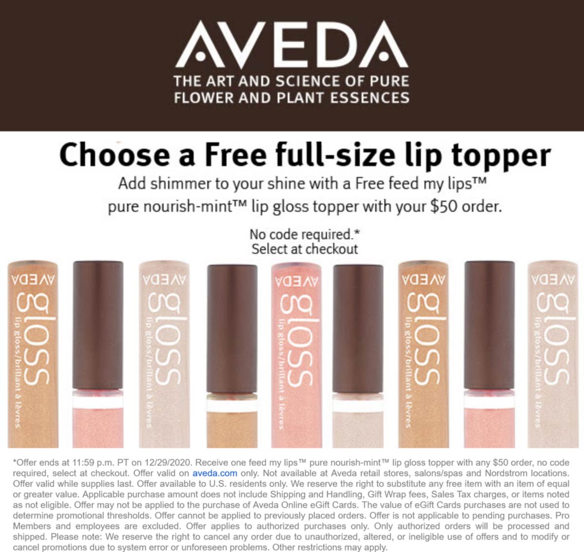 AVEDA stores Coupon  Free full size lip topper with $50 spent at AVEDA #aveda 