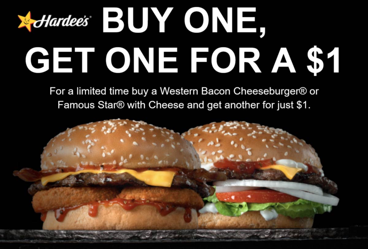 Hardees restaurants Coupon  Second bacon cheeseburger for $1 at Hardees #hardees 