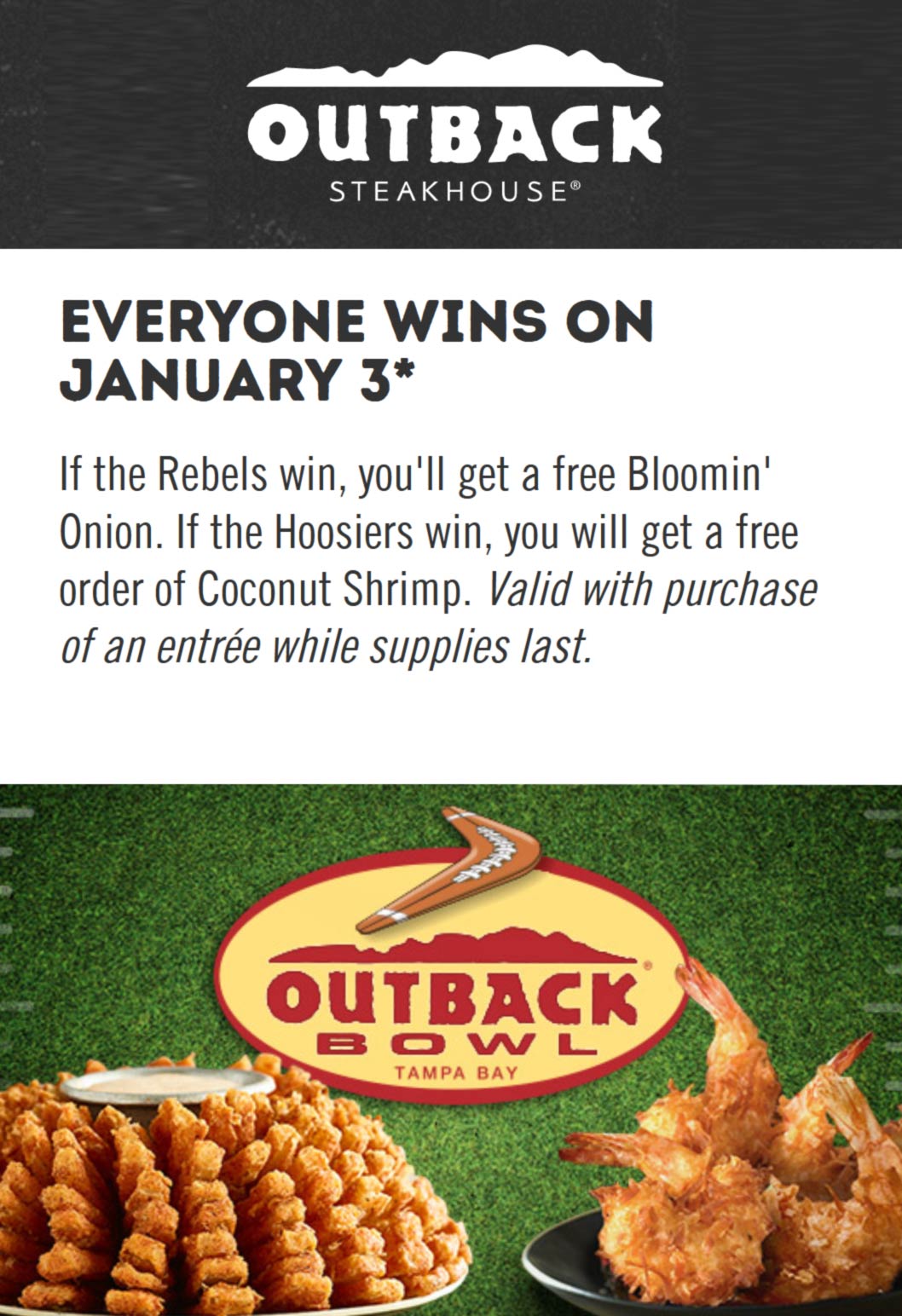 Outback Steakhouse restaurants Coupon  Free bloomin onion or coconut shrimp appetizer Sunday at Outback Steakhouse #outbacksteakhouse 