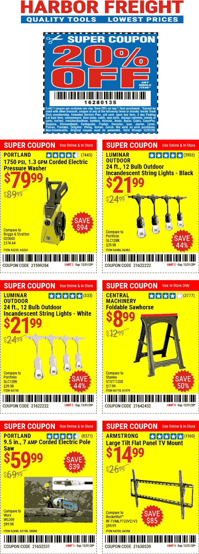 Harbor Freight stores Coupon  20% off a single item & more at Harbor Freight Tools #harborfreight 