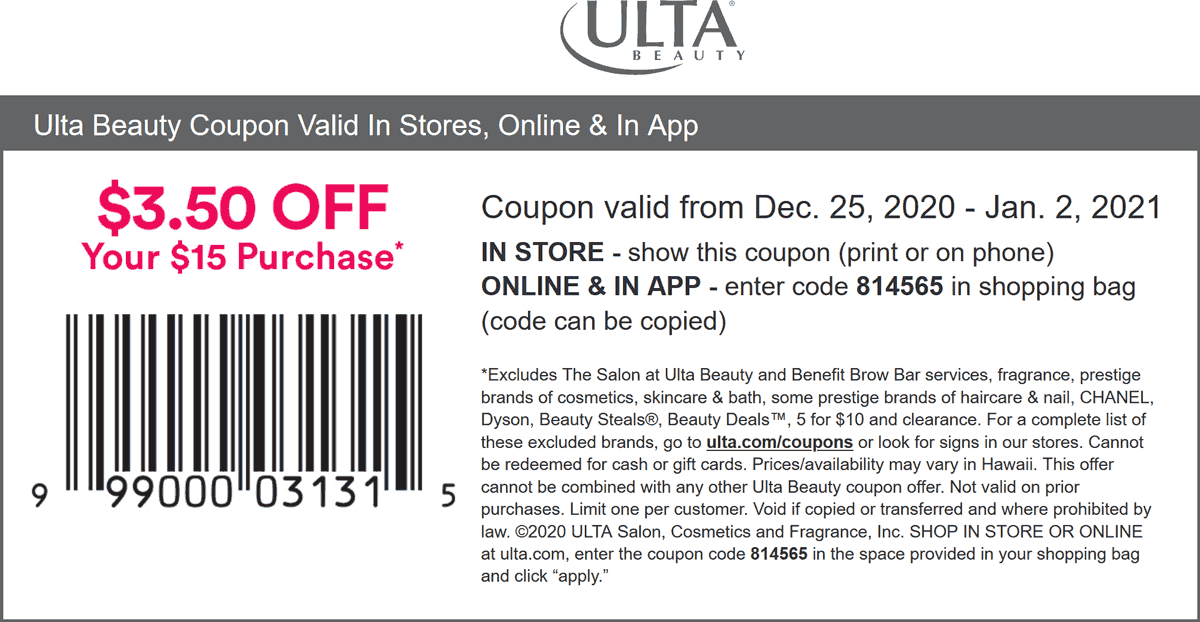 Ulta Beauty stores Coupon  $3.50 off $15 at Ulta Beauty, or online via promo code 824565 #ultabeauty 