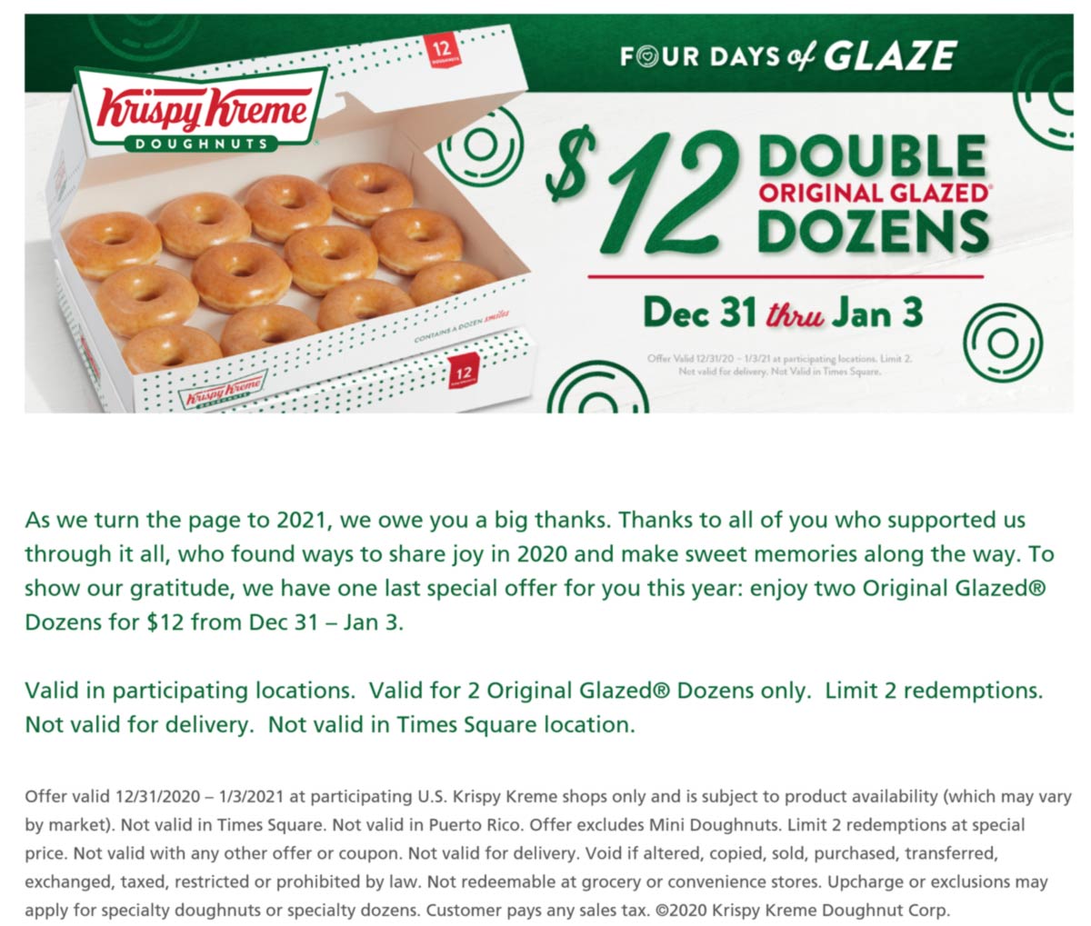 Krispy Kreme restaurants Coupon  2 dozen glazed doughnuts for $12 at Krispy Kreme donuts #krispykreme 