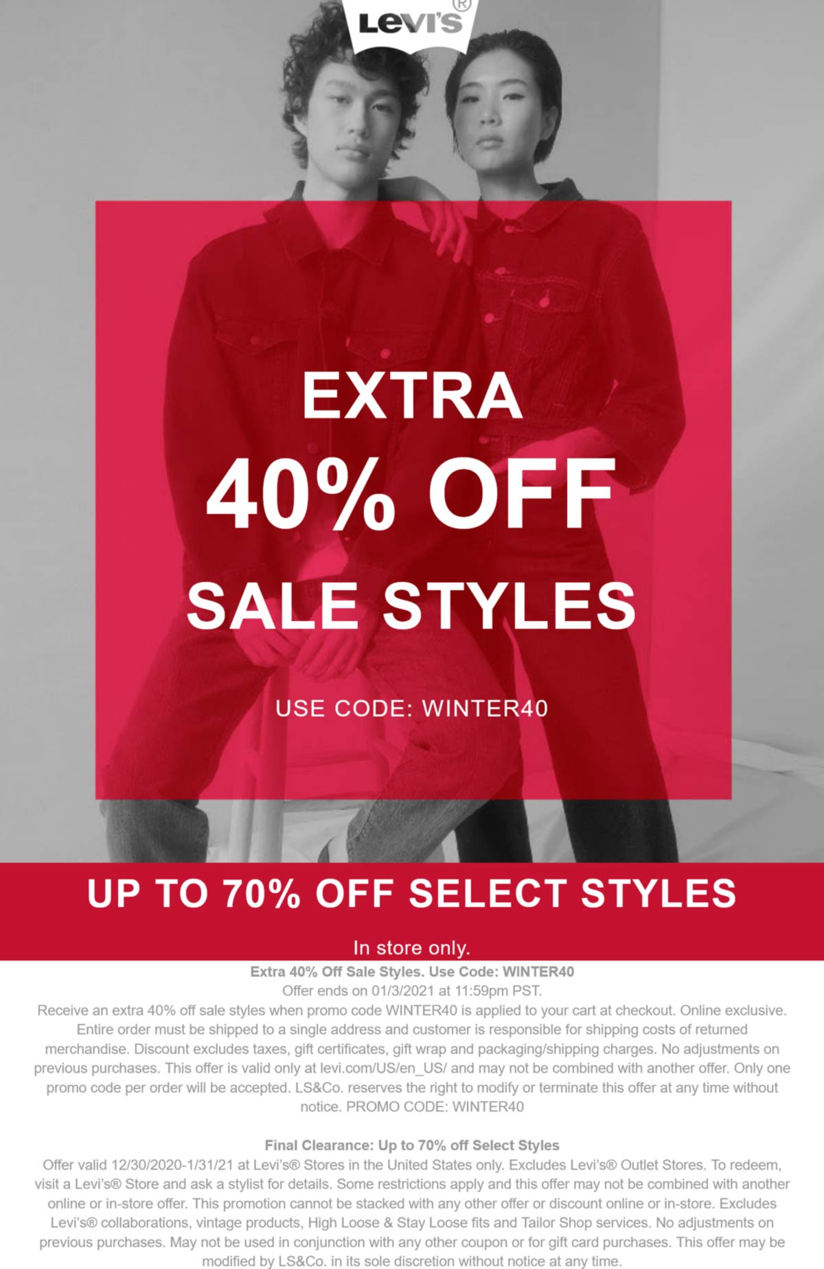Levis stores Coupon  Extra 40% off sale styles at Levis via promo code WINTER40 #levis 