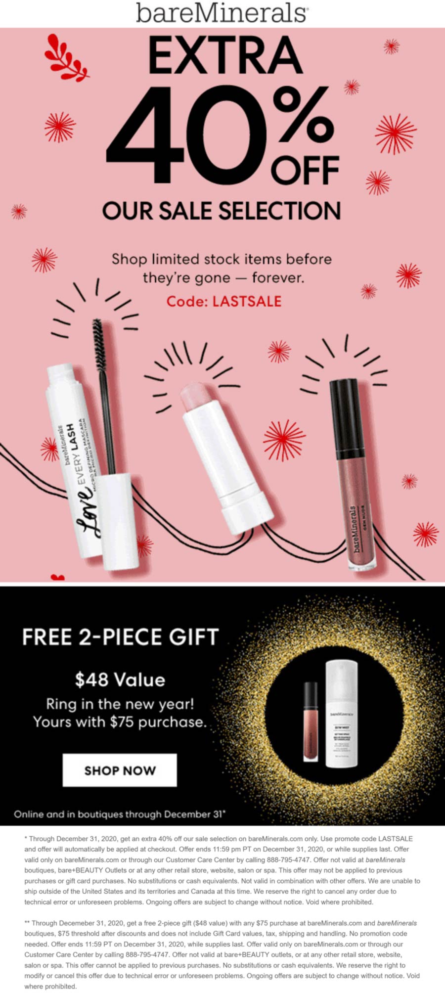 bareMinerals stores Coupon  Extra 40% off sale items today at bareMinerals via promo code LASTSALE #bareminerals 