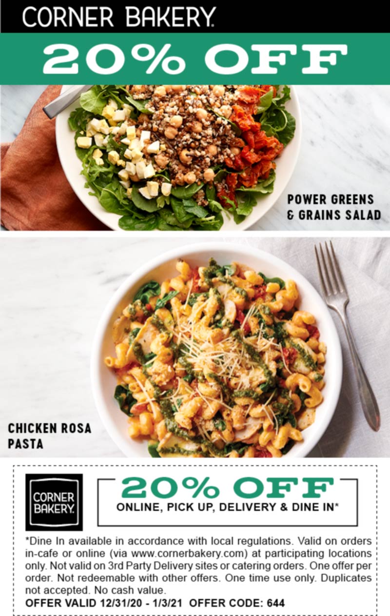 20 off at Corner Bakery Cafe via promo code 644 cornerbakery The