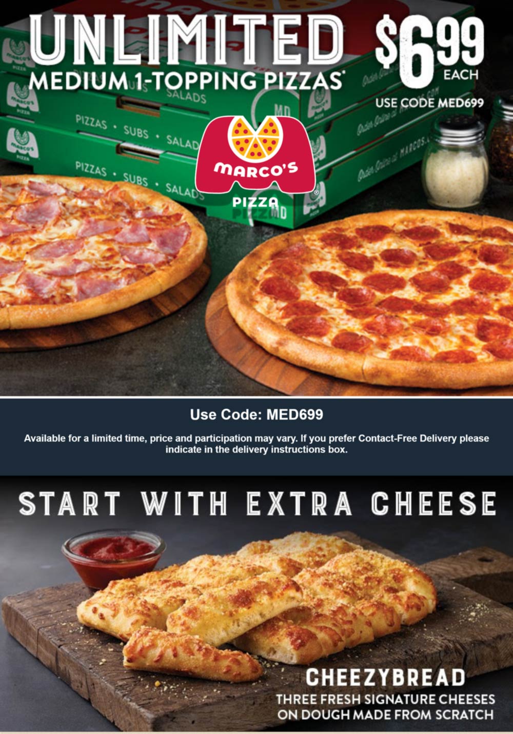 Medium 1topping pizzas for 7 at Marcos Pizza via promo code MED699 