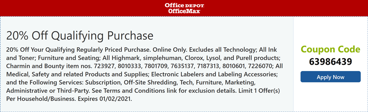 Office Depot OfficeMax stores Coupon  20% off at Office Depot OfficeMax via promo code 63986439 #officedepotofficemax 