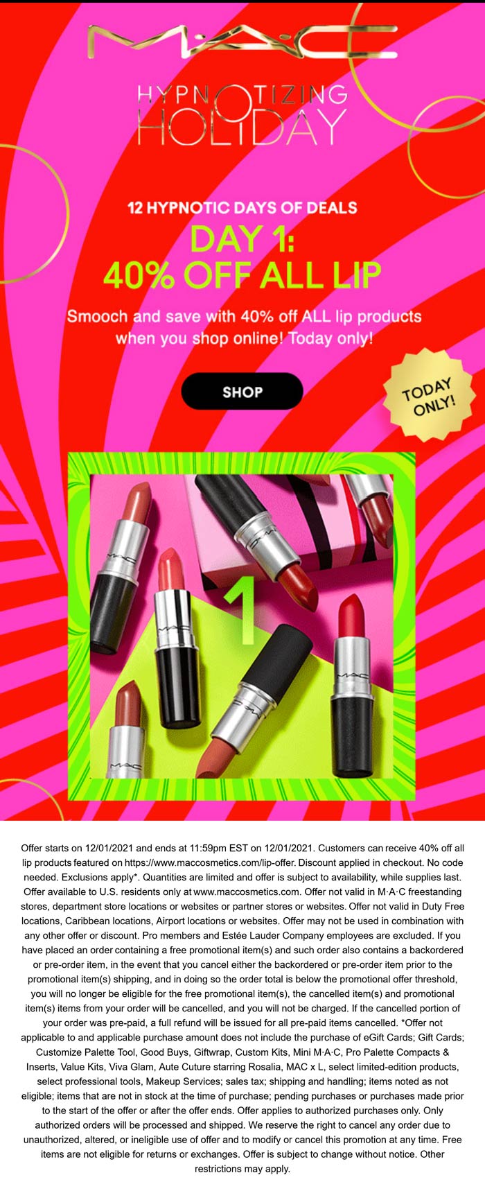 MAC stores Coupon  40% off all lip today online at MAC cosmetics #mac 
