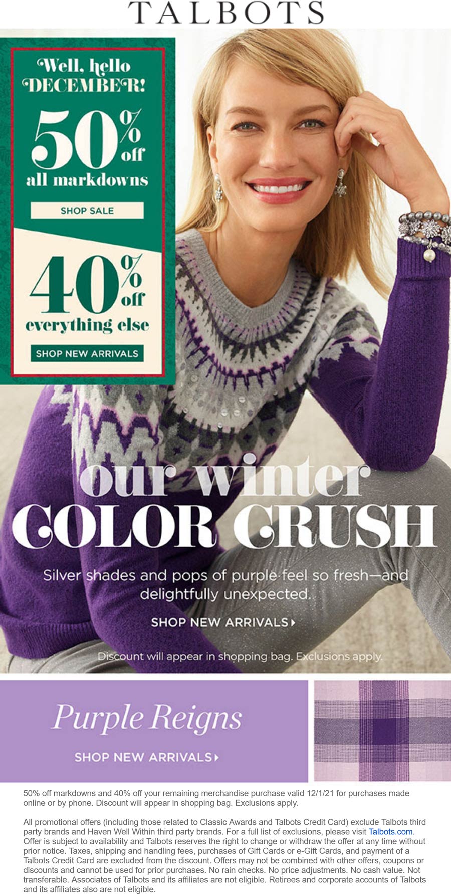 Talbots stores Coupon  50% off sale items & 40% everything else online today at Talbots #talbots 