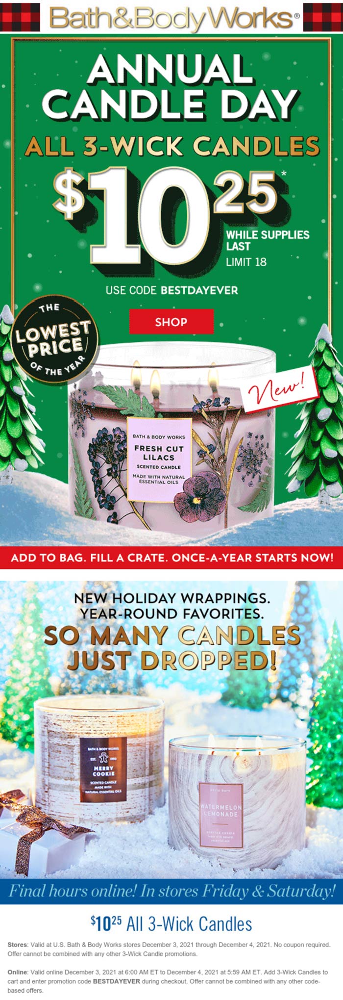 Bath & Body Works stores Coupon  $10 3-wick candles at Bath & Body Works, or online via promo code BESTDAYEVER #bathbodyworks 