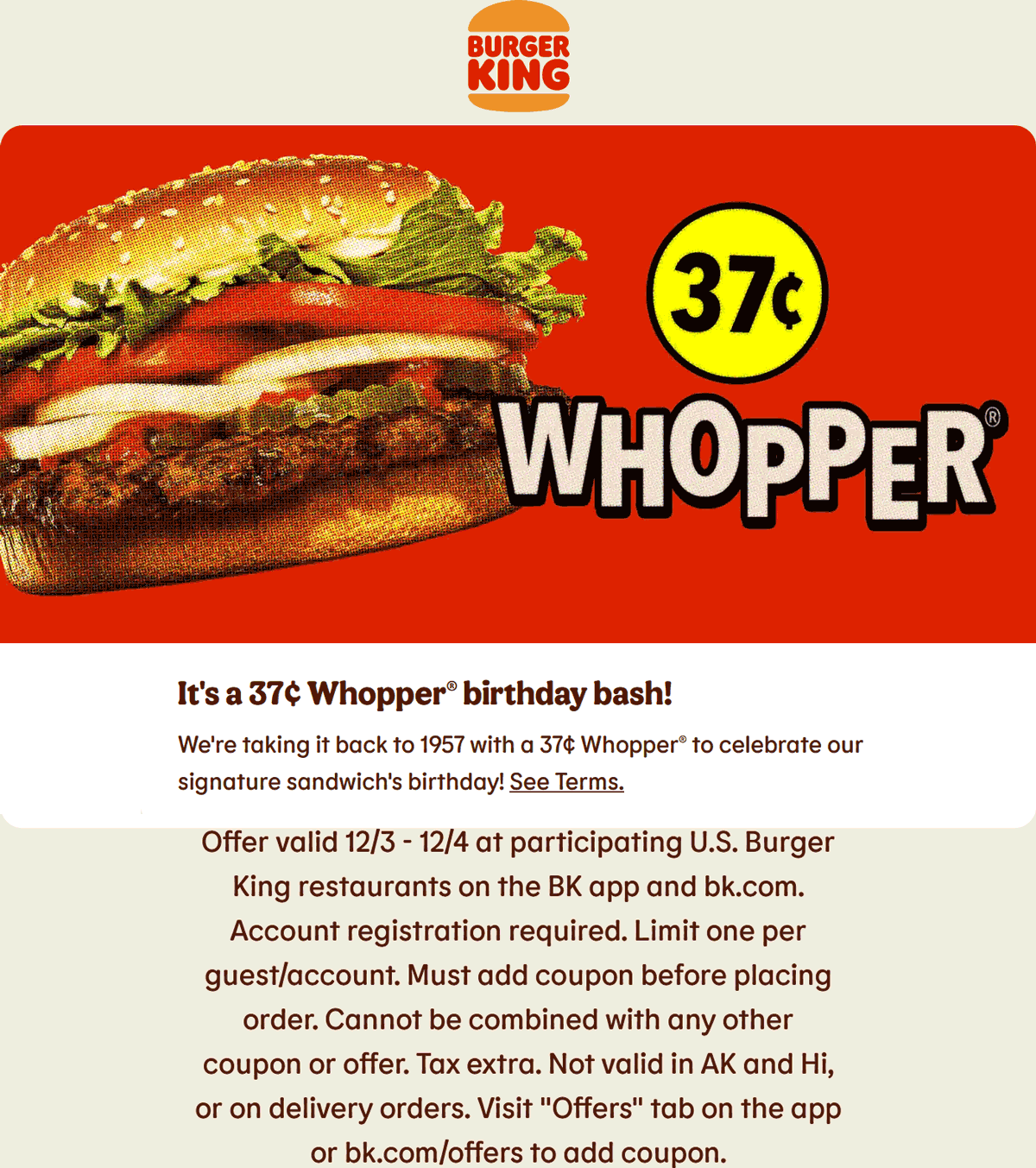 .37 cent whopper hamburger at Burger King restaurants burgerking The