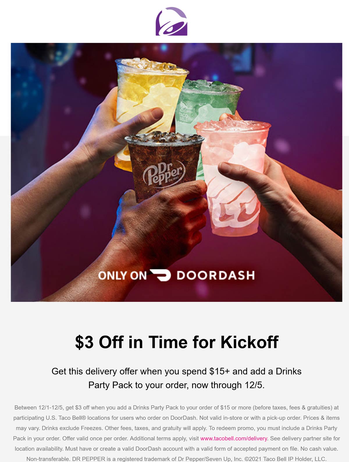Taco Bell restaurants Coupon  $3 off $15 with drinks party pack delivery at Taco Bell #tacobell 