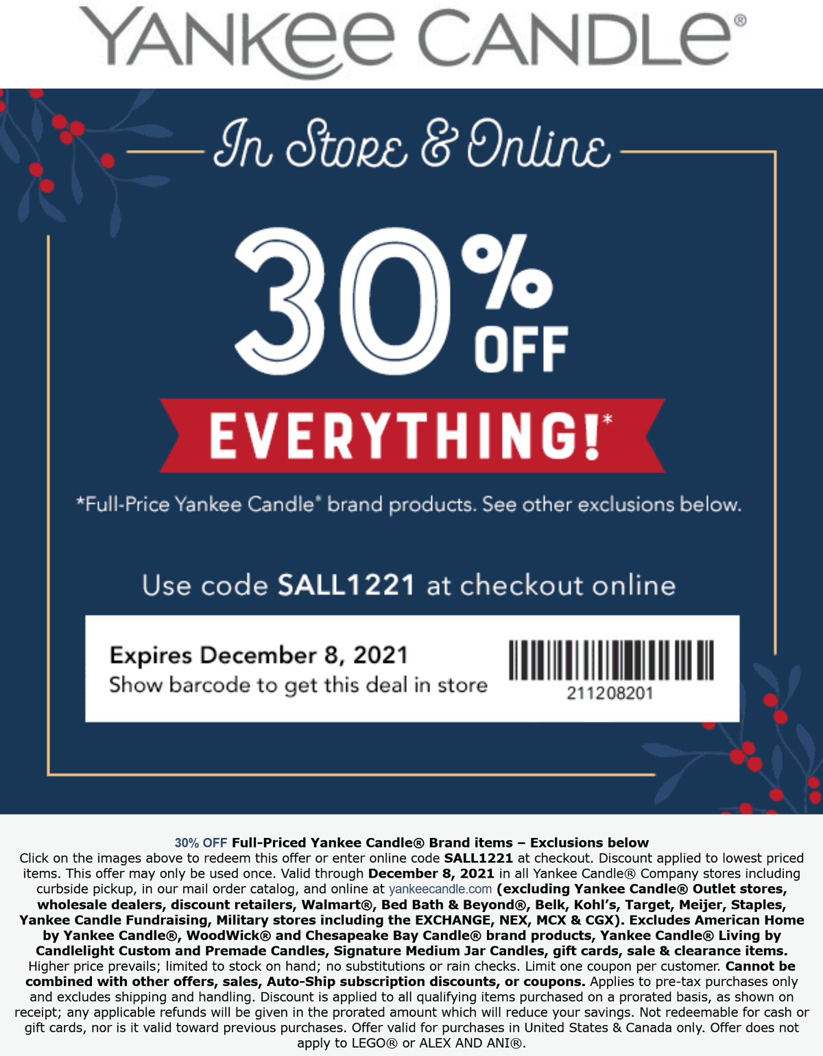 Yankee Candle stores Coupon  30% off everything at Yankee Candle, or online via prom ocode SALL1221 #yankeecandle 