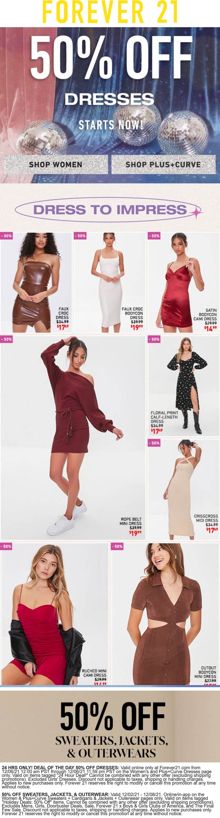 Forever 21 stores Coupon  50% off dresses & outerwear online today at Forever 21 #forever21 