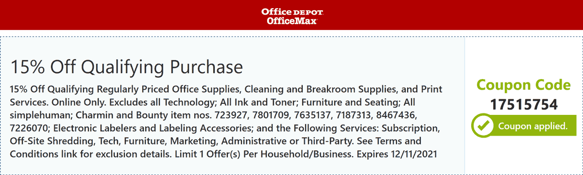 Office Depot stores Coupon  15% off at Office Depot Officemax via promo code 17515754 #officedepot 