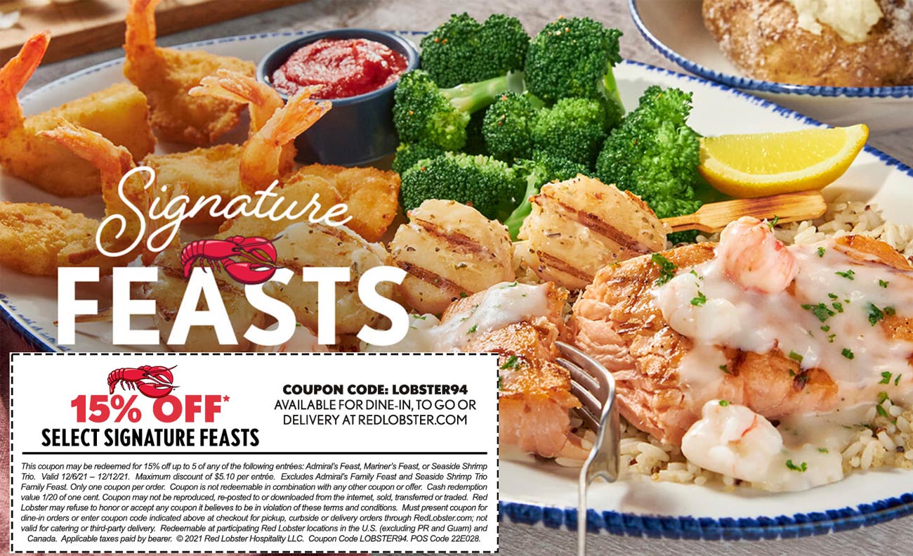 Red Lobster restaurants Coupon  15% off signature feast meals at Red Lobster via promo code LOBSTER94 #redlobster 