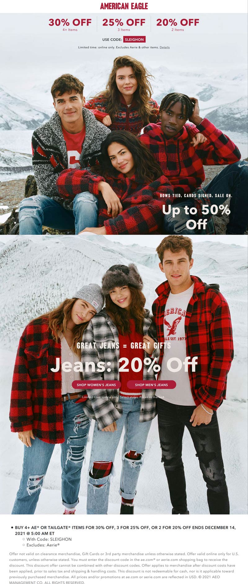 American Eagle stores Coupon  20-30% off 2+ items at American Eagle via promo code SLEIGHON #americaneagle 
