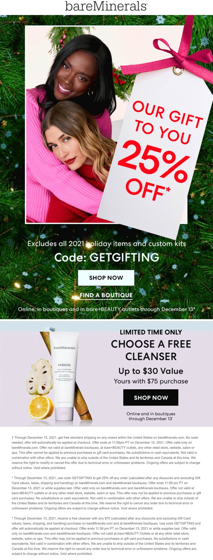 bareMinerals stores Coupon  25% off + free cleanser on $75 at bareMinerals, ditto online #bareminerals 