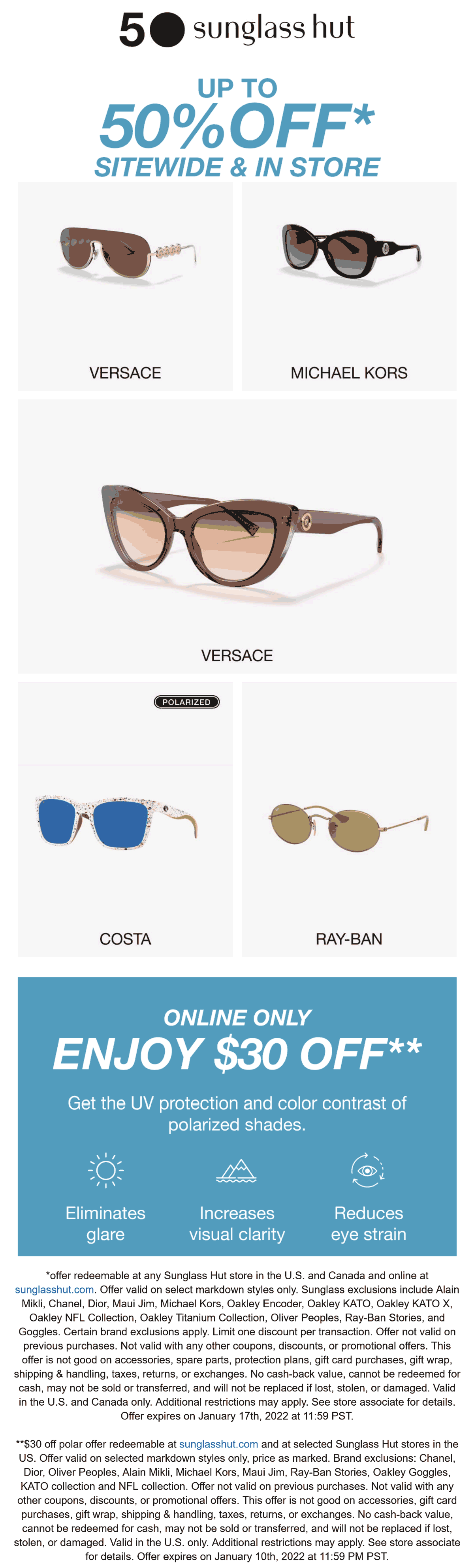 Sunglass Hut stores Coupon  $30 off polarized & more at Sunglass Hut, ditto online #sunglasshut 
