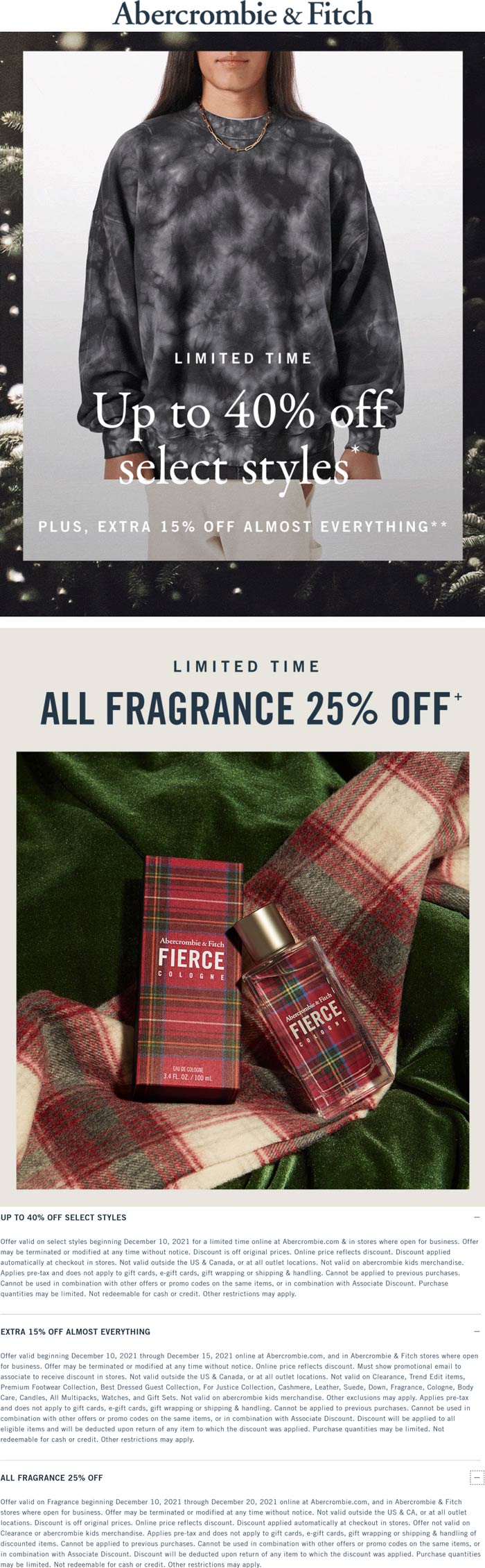 Abercrombie & Fitch stores Coupon  25% off fragrance & 15-40% off everything else at Abercrombie & Fitch, ditto online #abercrombiefitch 