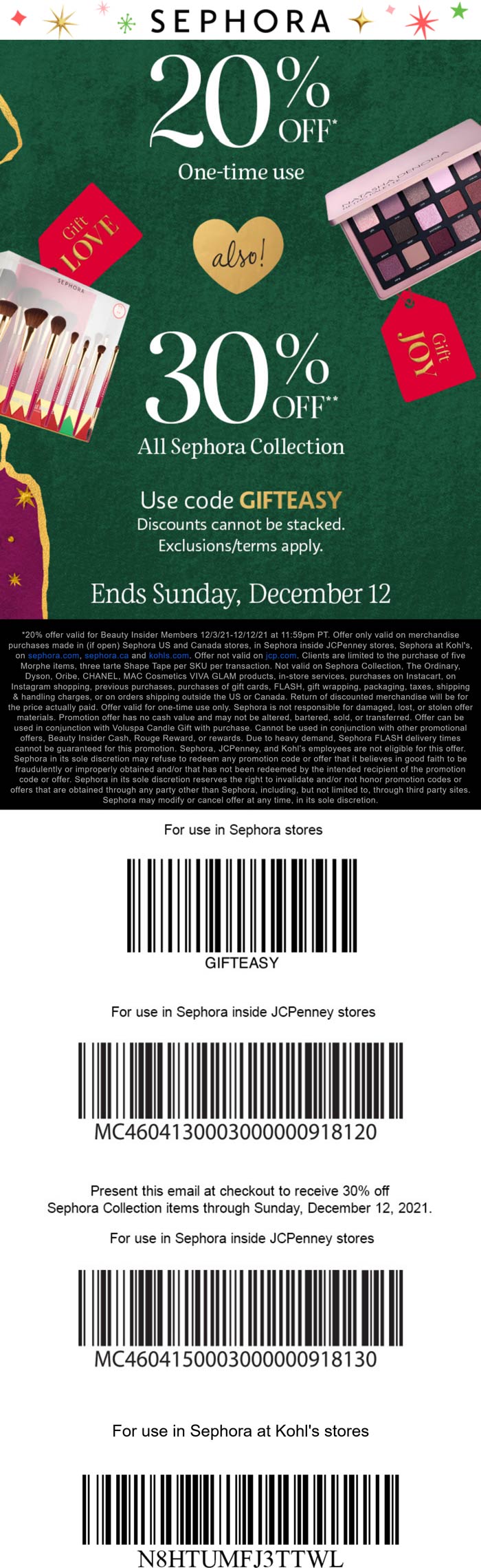 Sephora stores Coupon  20-30% off today at Sephora, or online via promo code GIFTEASY #sephora 