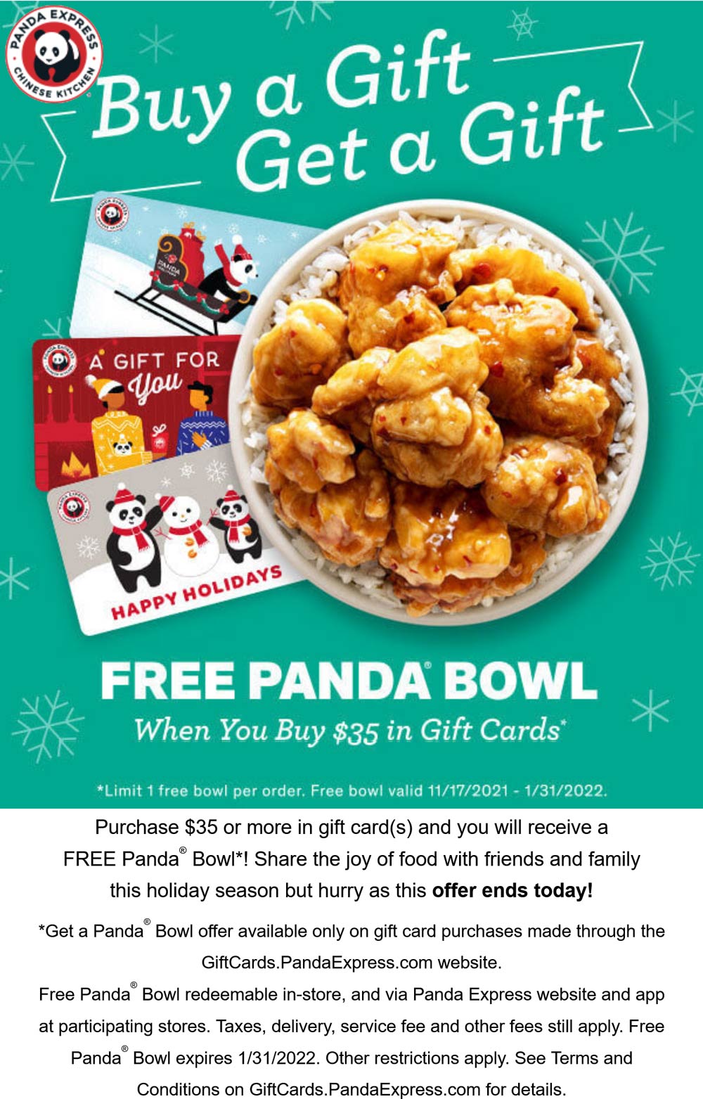 Panda Express restaurants Coupon  Free bowl with $35 card purchase today at Panda Express restaurants #pandaexpress 