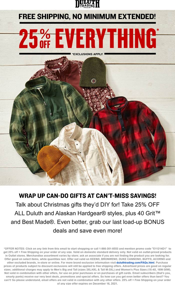 Duluth Trading Co stores Coupon  25% off everything at Duluth Trading Co, or online via promo code E11214D1 #duluthtradingco 