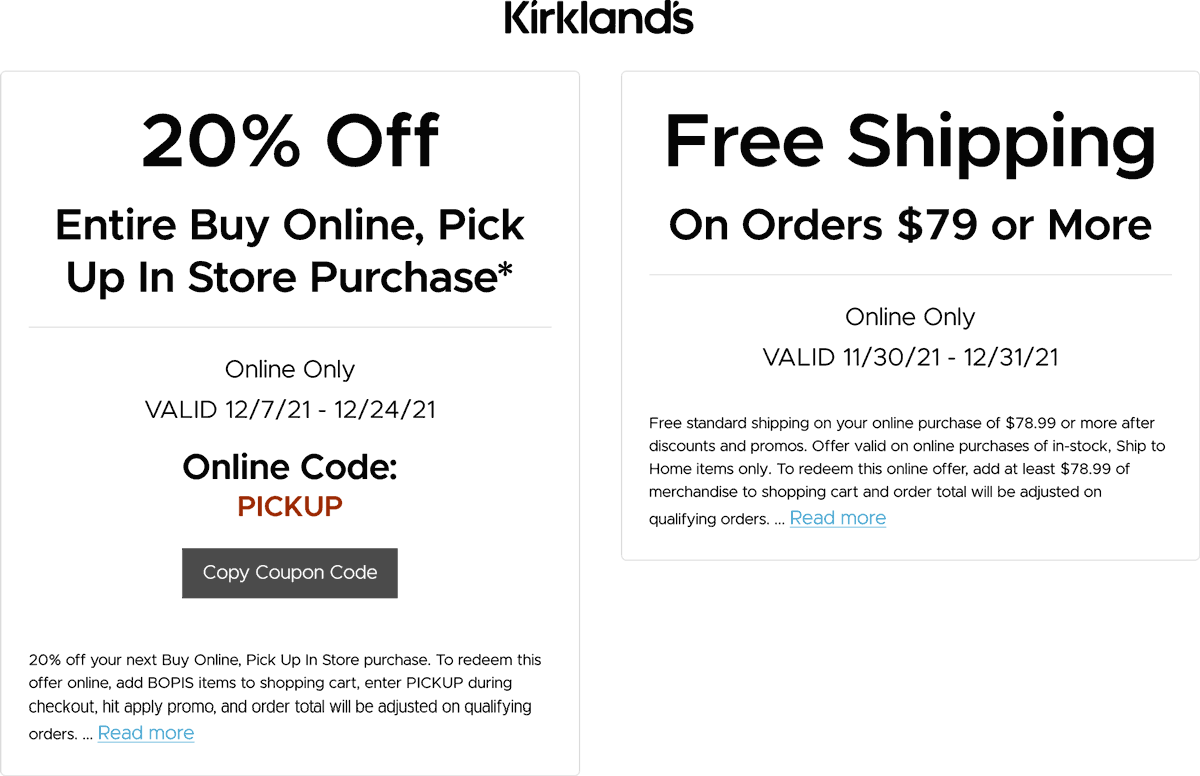 Kirklands stores Coupon  20% off online to in-store pickup at Kirklands via promo code PICKUP #kirklands 
