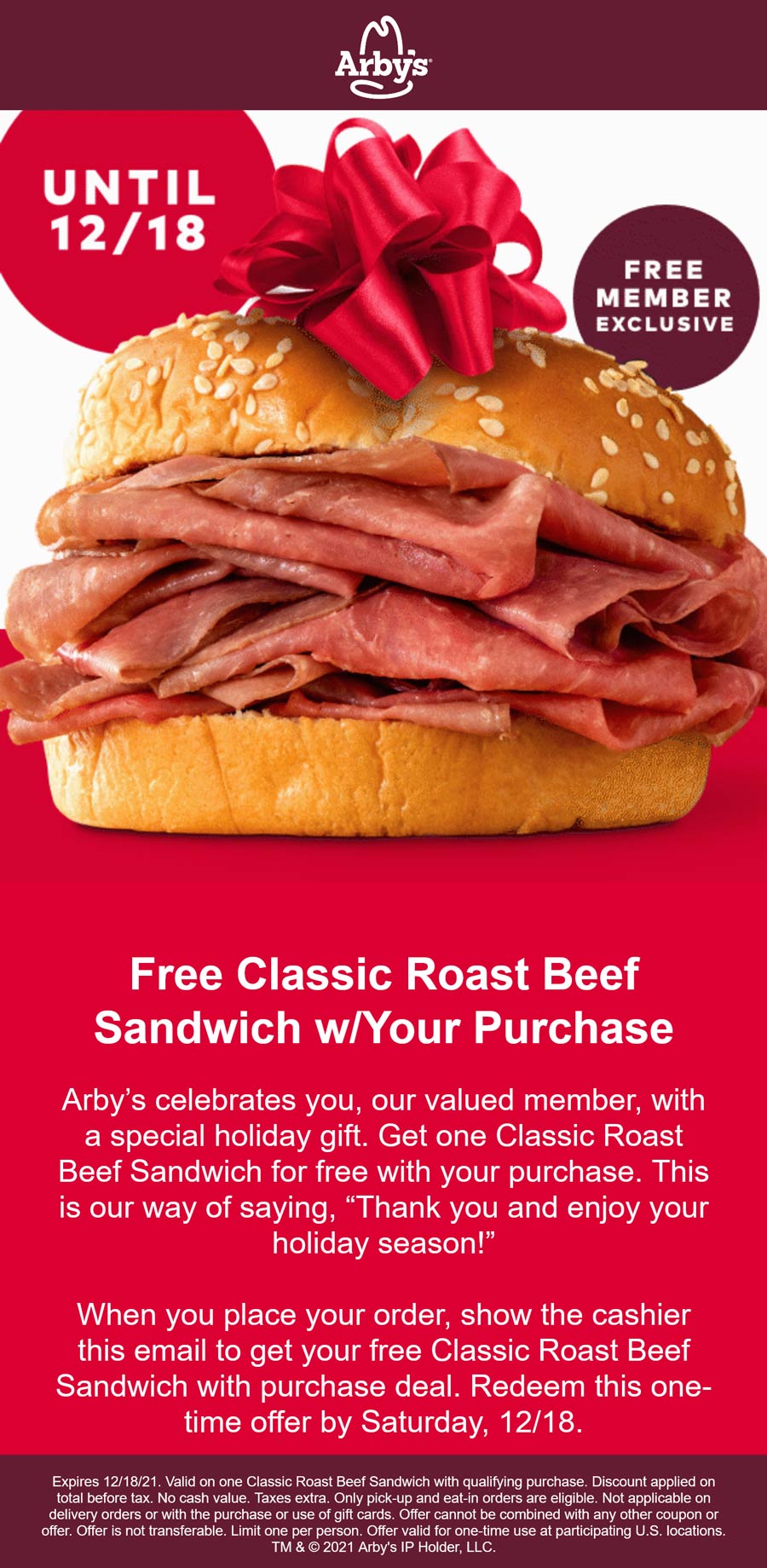Arbys restaurants Coupon  Free roast beef sandwich with your purchase at Arbys #arbys 