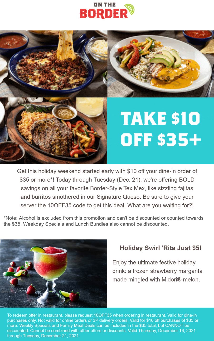 On The Border restaurants Coupon  $10 off $35 at On The Border restaurants via promo code 10OFF35 #ontheborder 
