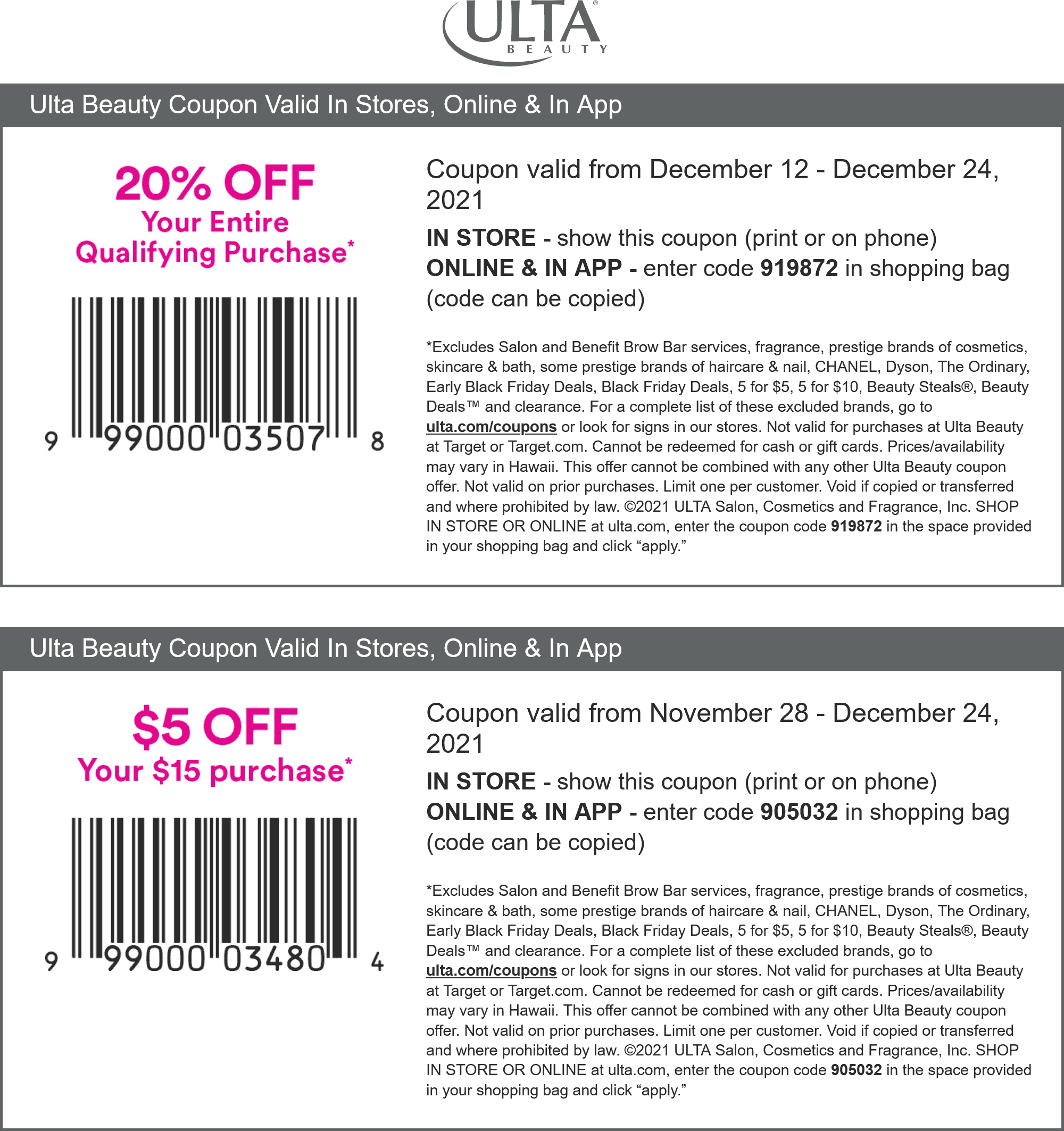 Ulta stores Coupon  $5 off $15 & 20% off at Ulta Beauty, or online via promo code 905032 #ulta 