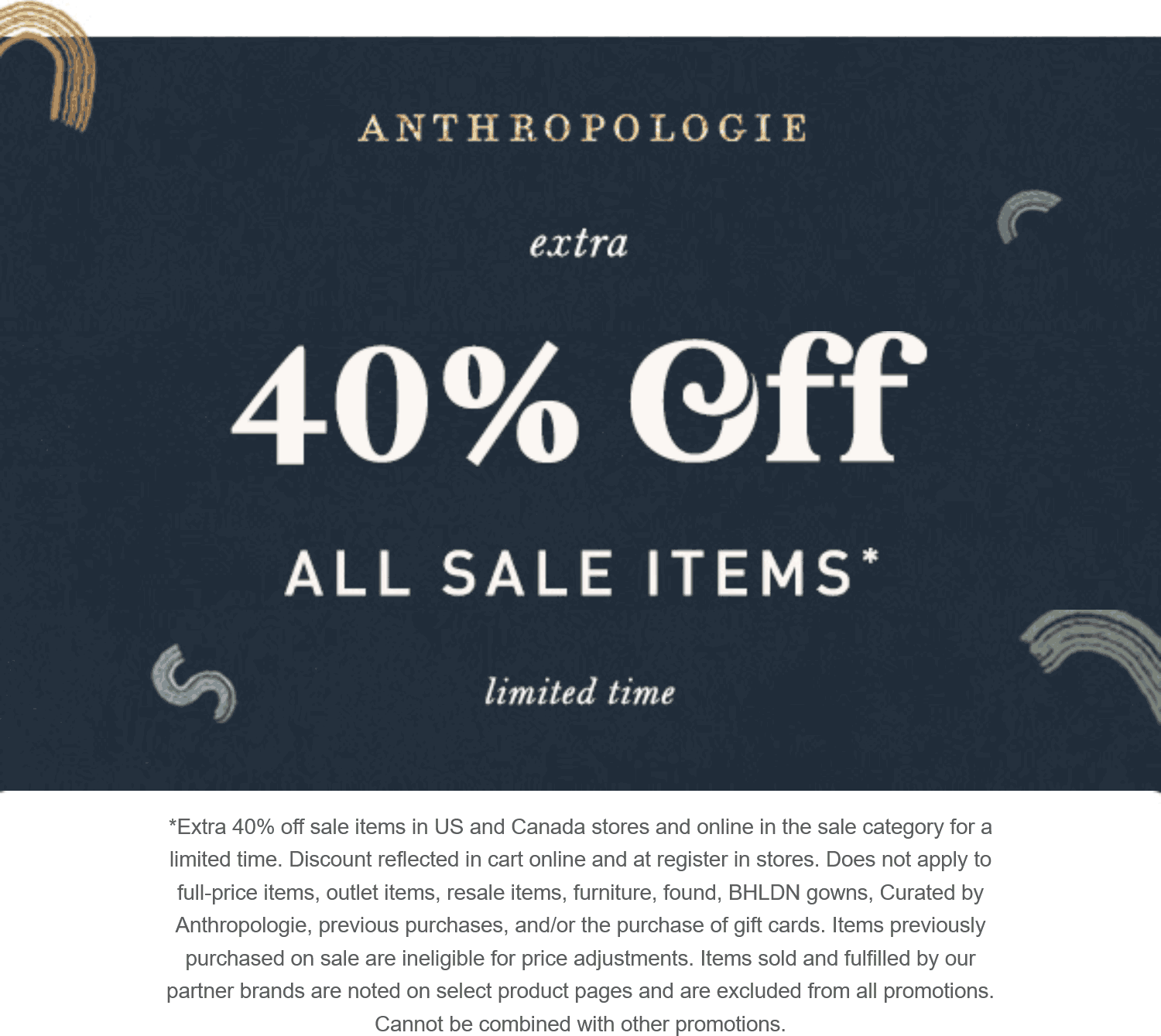 Anthropologie stores Coupon  Extra 40% off sale items at Anthropologie, ditto online #anthropologie 