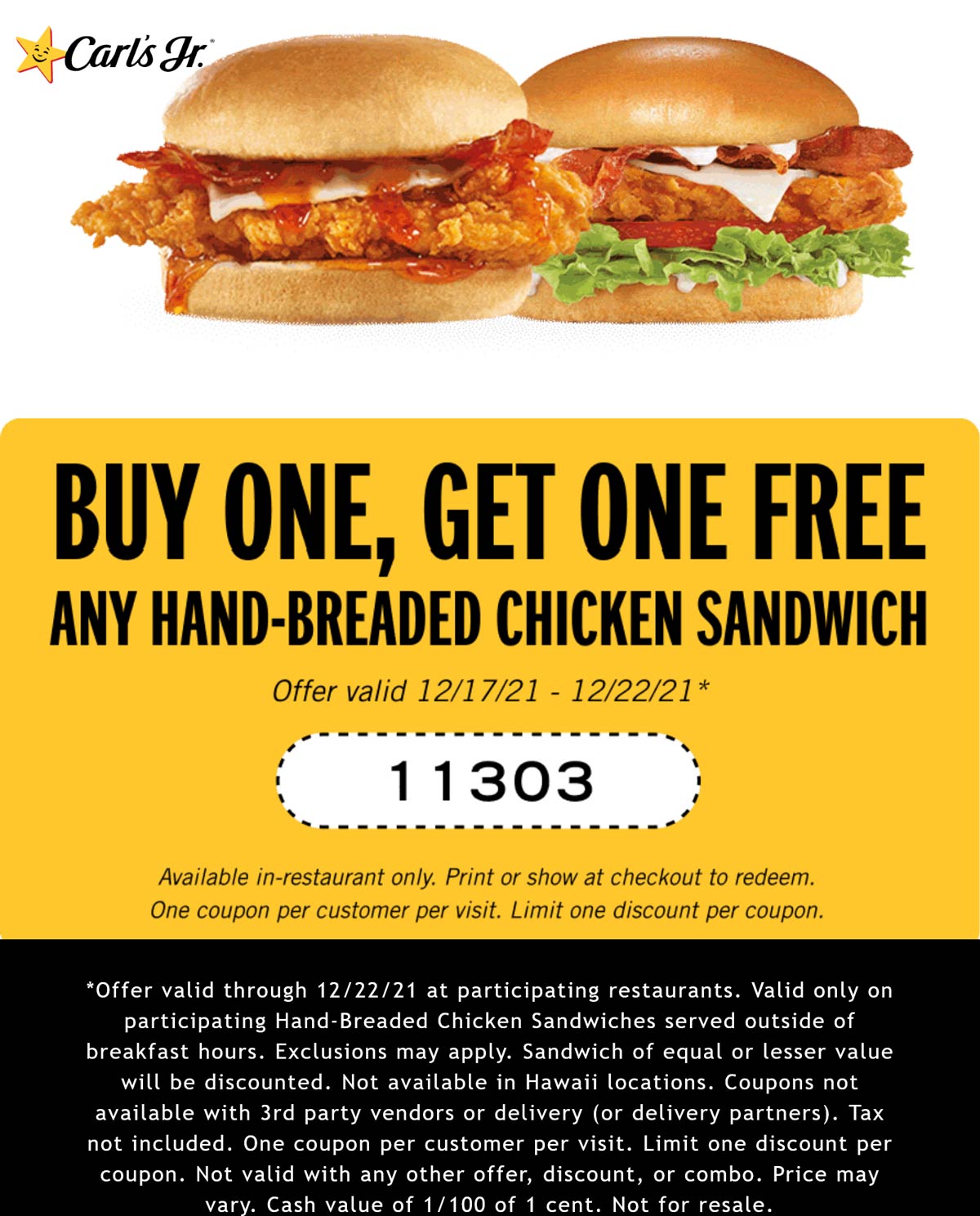 Carls Jr restaurants Coupon  Second chicken sandwich free at Carls Jr #carlsjr 
