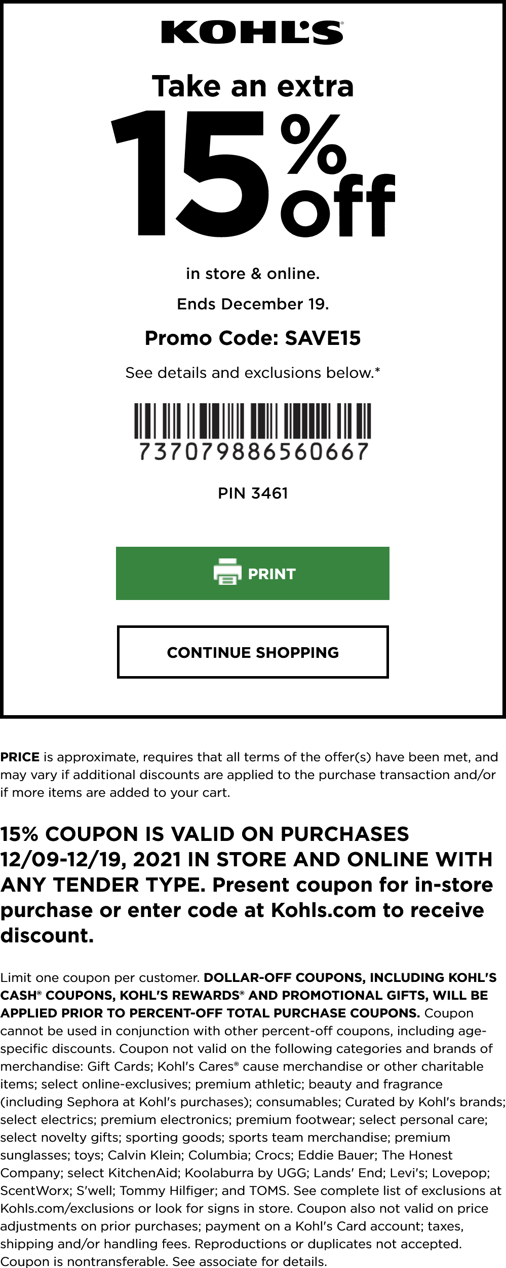 Kohls 15% off at Kohls, or online via promo code SAVE15 #kohls Kohls stores Coupon 15% off at Kohls, or online via promo code SAVE15 #kohls
