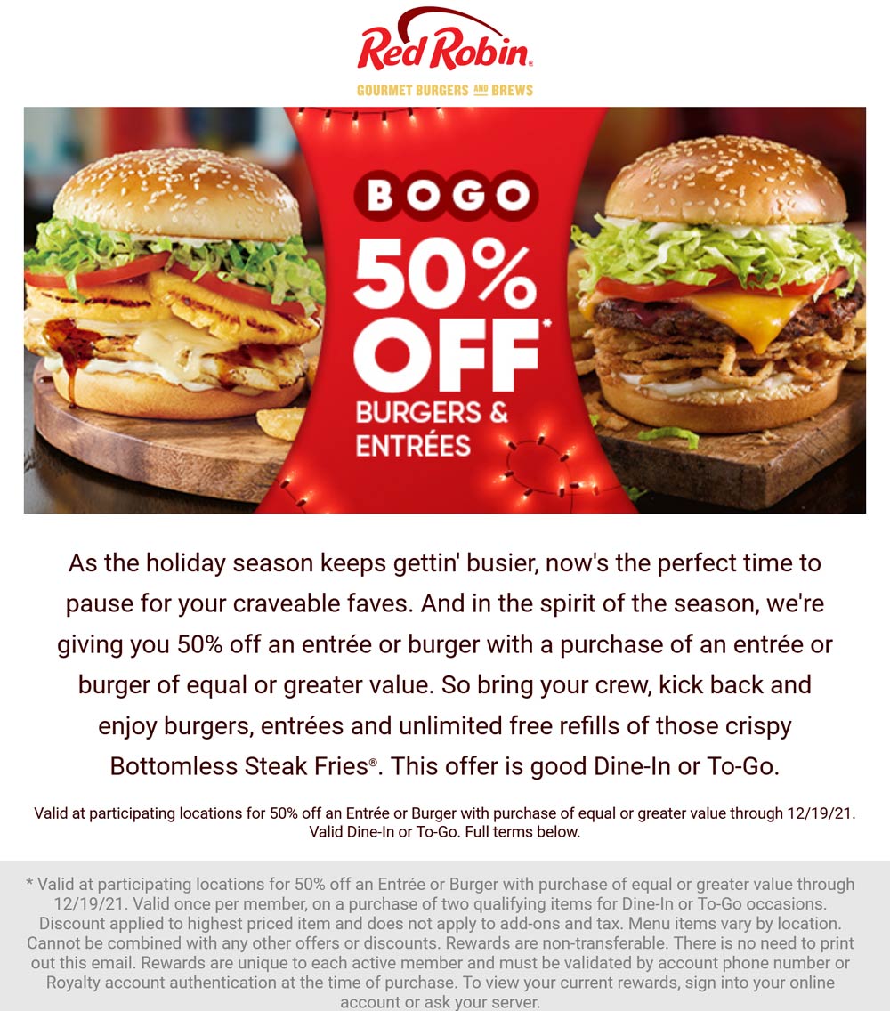 Red Robin restaurants Coupon  Second burger or entree 50% off at Red Robin #redrobin 