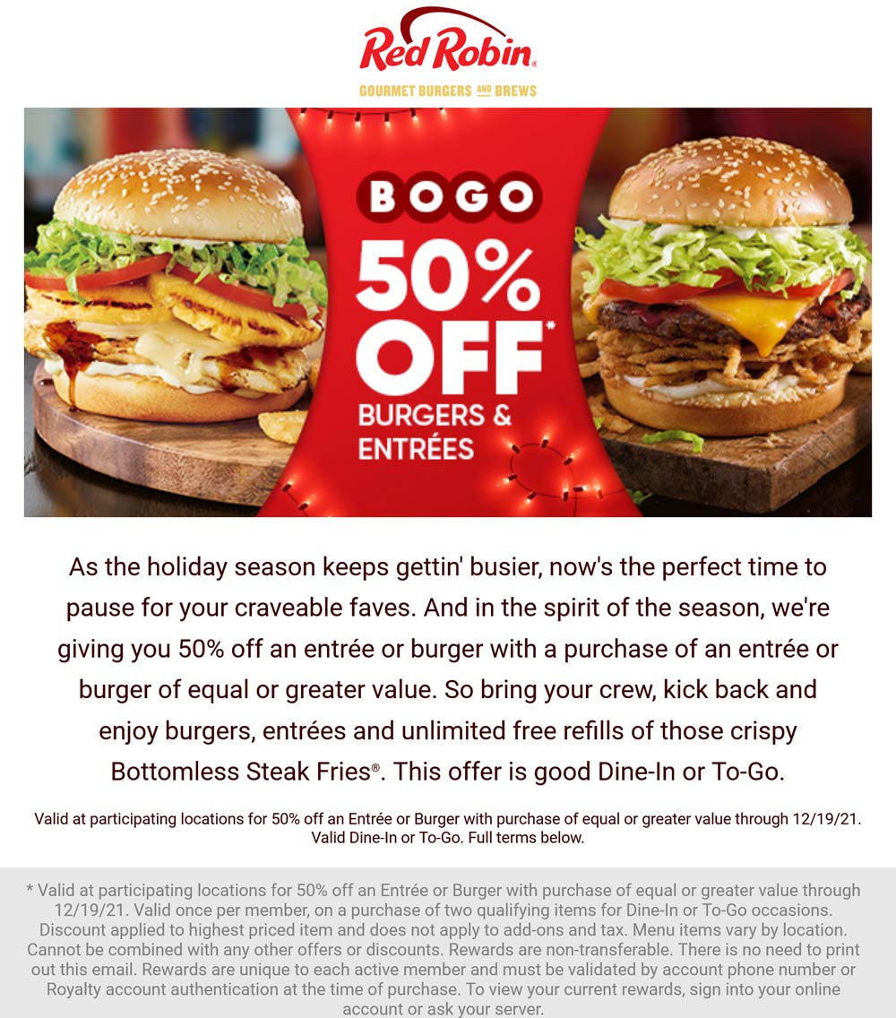 Second burger or entree 50 off at Red Robin redrobin The Coupons App®