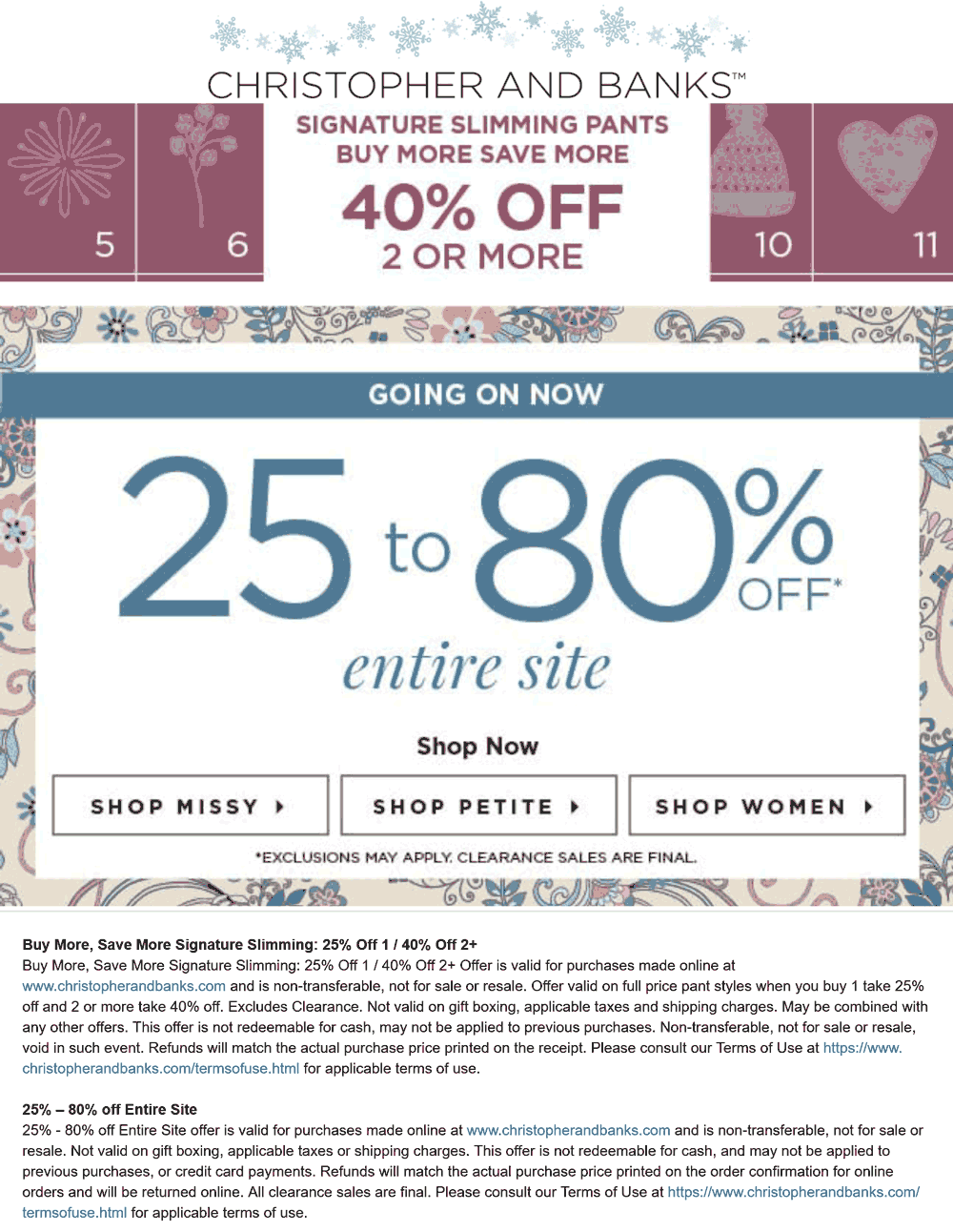 Christopher and Banks stores Coupon  40% off 2+ pants & 25-80% off everything today at Christopher and Banks #christopherandbanks 