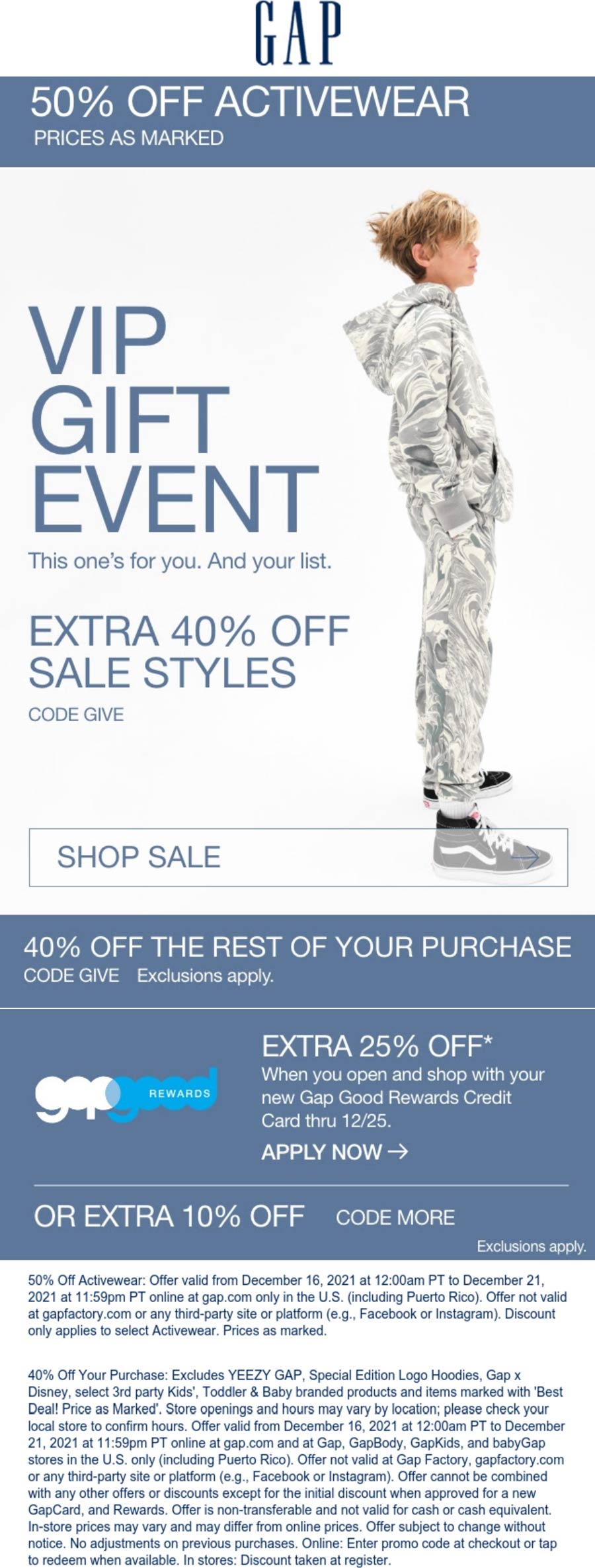 Gap stores Coupon  50% off activewear & 40% everything else online today at Gap via promo code GIVE #gap 