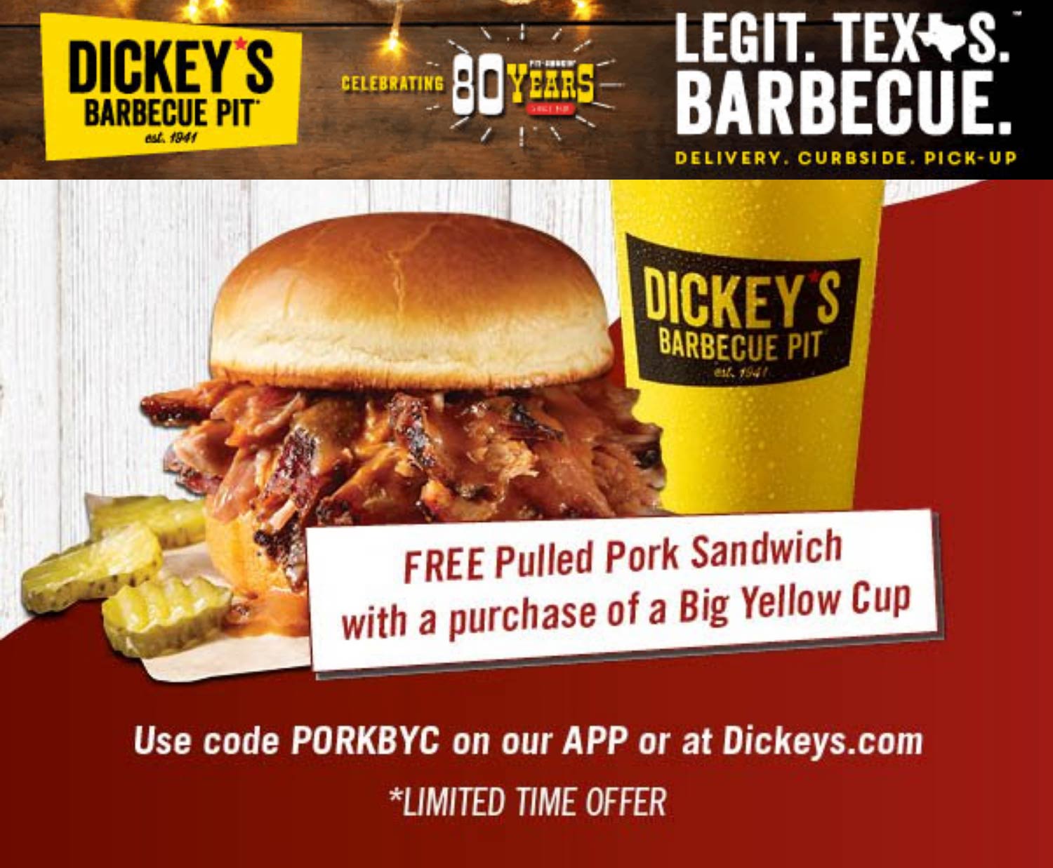 Dickeys Barbecue Pit restaurants Coupon  Free pulled pork sandwich with your drink today at Dickeys Barbecue Pit via promo code PORKBYC #dickeysbarbecuepit 