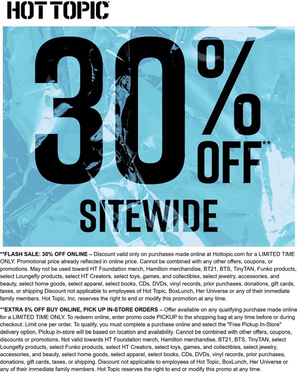 Hot Topic stores Coupon  30% off everything online at Hot Topic #hottopic 