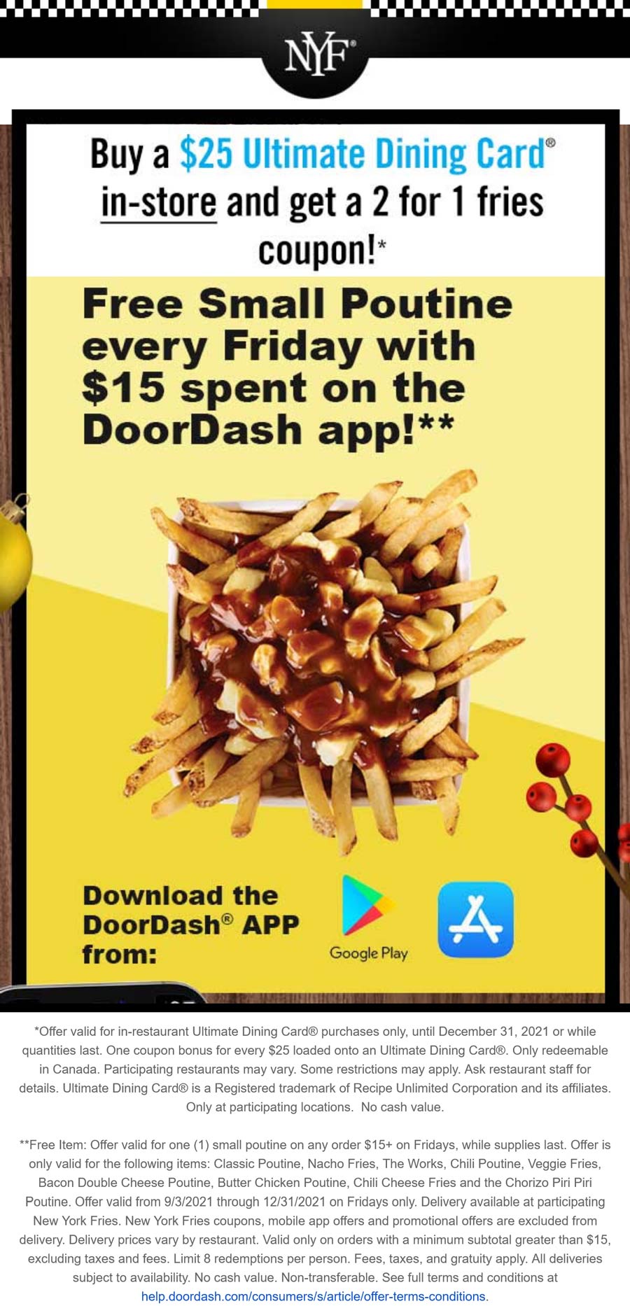 New York Fries restaurants Coupon  2-for-1 fries with your $25 card at New York Fries restaurants #newyorkfries 
