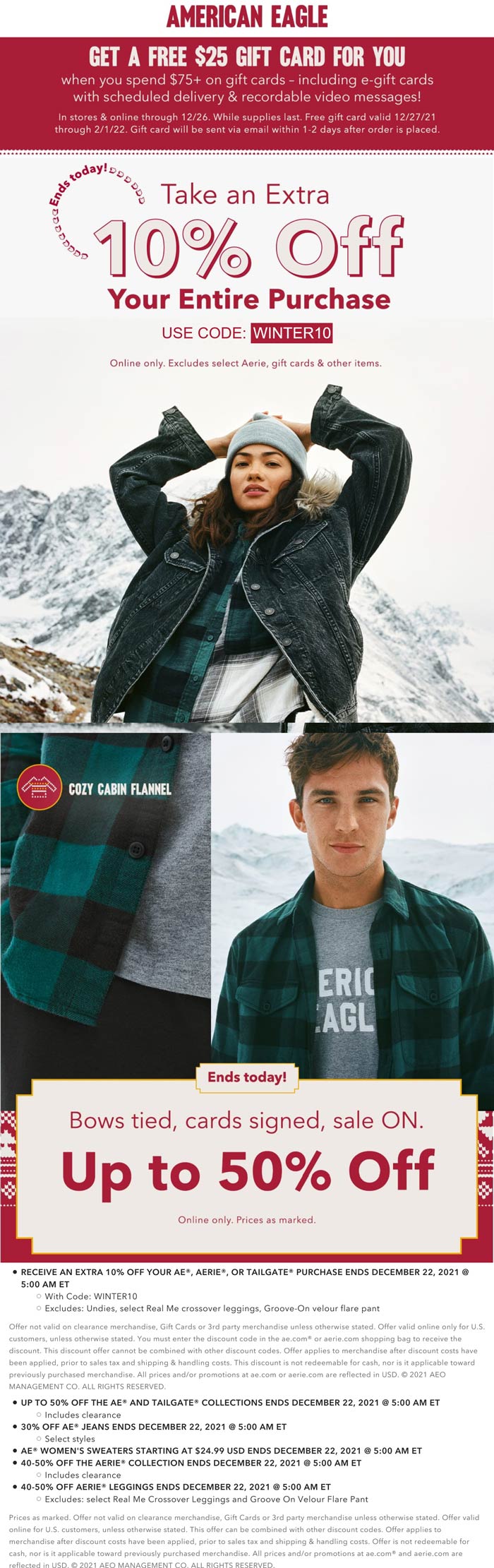 American Eagle stores Coupon  10-50% off today at American Eagle via promo code WINTER10 #americaneagle 