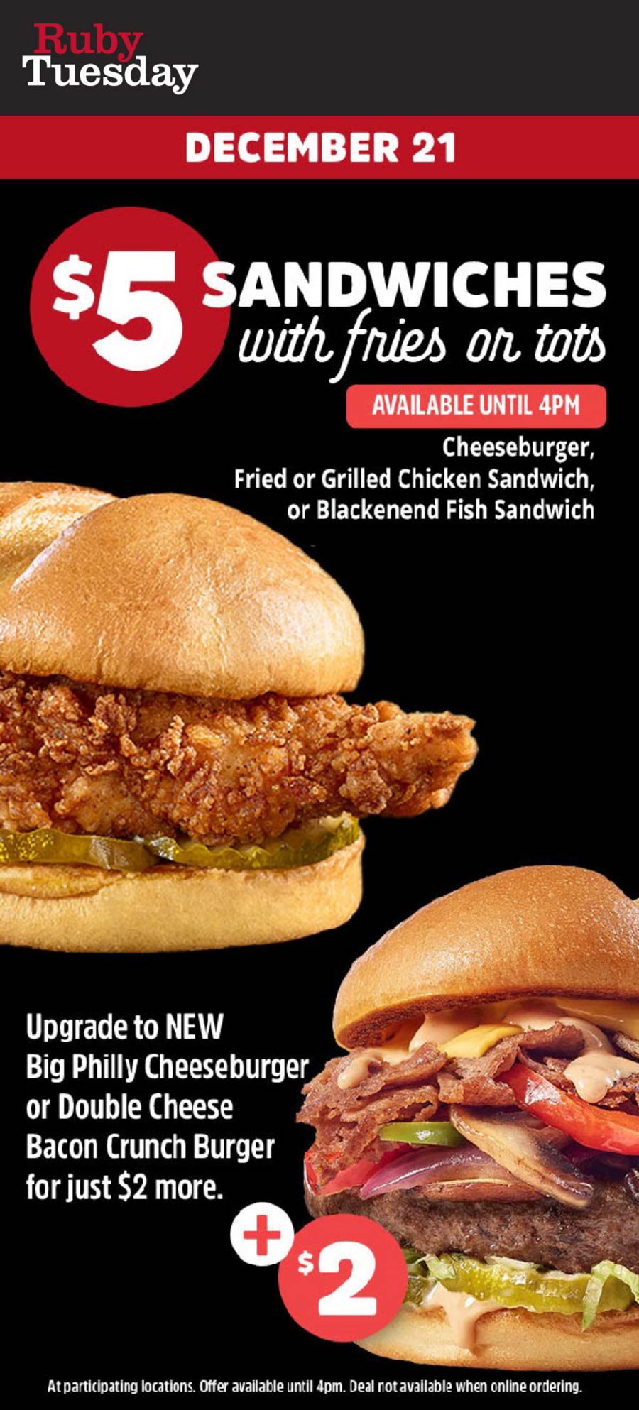 Ruby Tuesday restaurants Coupon  $5 cheeseburger, chicken or fish sandwich + fries = $5 today at Ruby Tuesday #rubytuesday 
