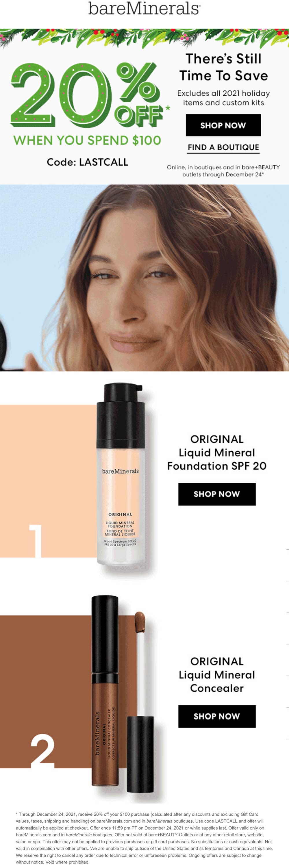 bareMinerals stores Coupon  20% off $100 at bareMinerals, or online via promo code LASTCALL #bareminerals 