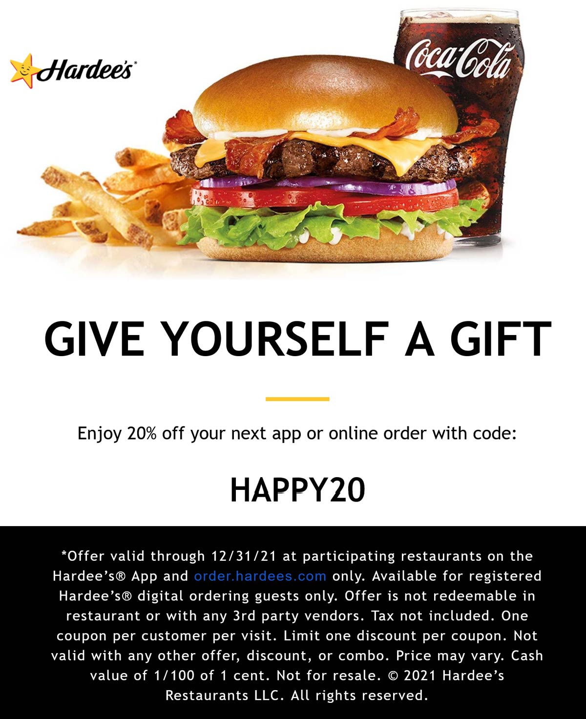 Hardees restaurants Coupon  20% off online orders at Hardees restaurants via promo code HAPPY20 #hardees 