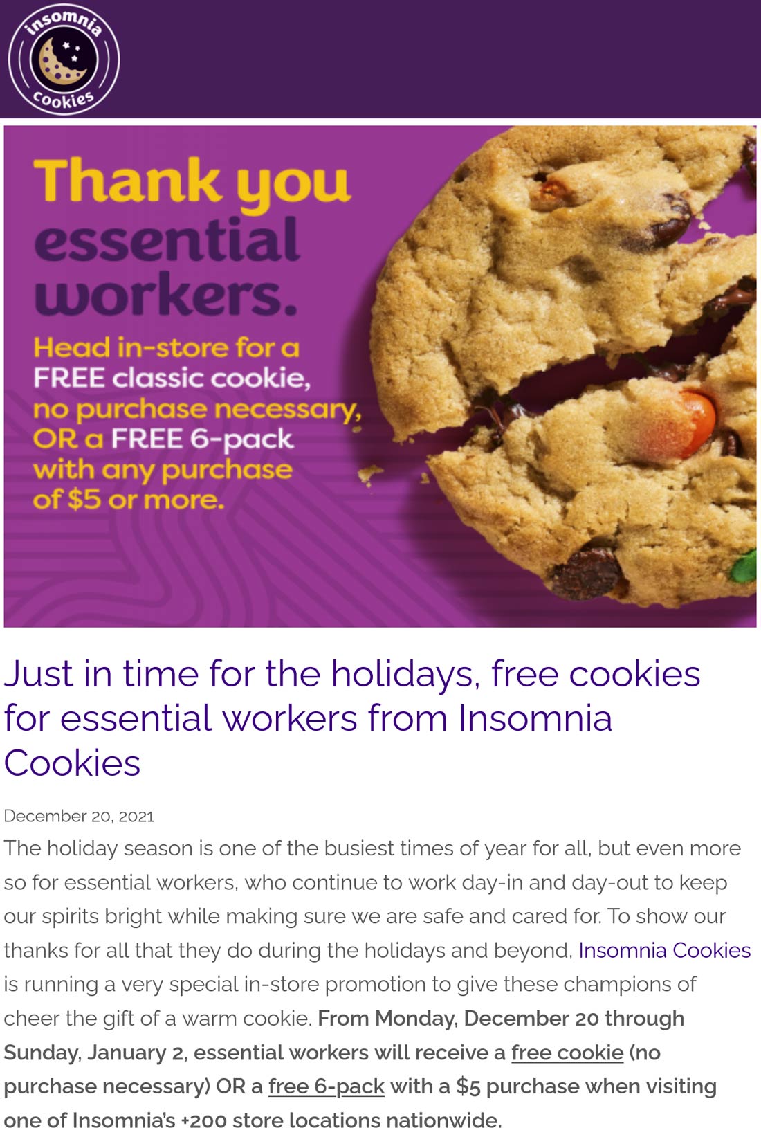 Insomnia Cookies stores Coupon  Essential workers score free cookies at Insomnia Cookies no purchase necessary #insomniacookies 