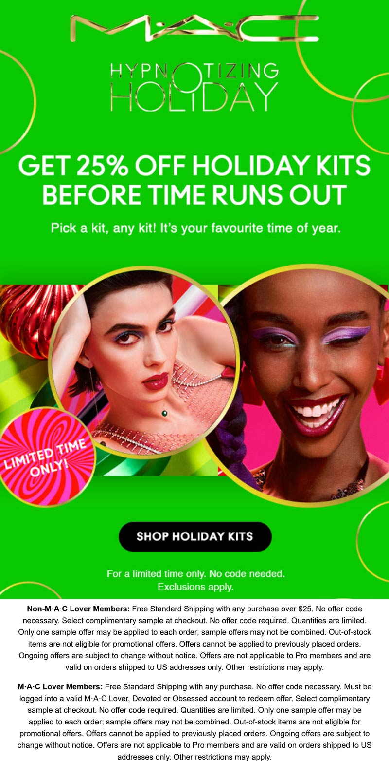 MAC stores Coupon  25% off holiday kits at MAC cosmetics #mac 