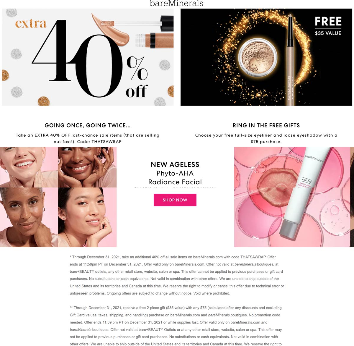 bareMinerals stores Coupon  Extra 40% off all sale items + free full-size on $75 at bareMinerals via promo code THATSAWRAP #bareminerals 