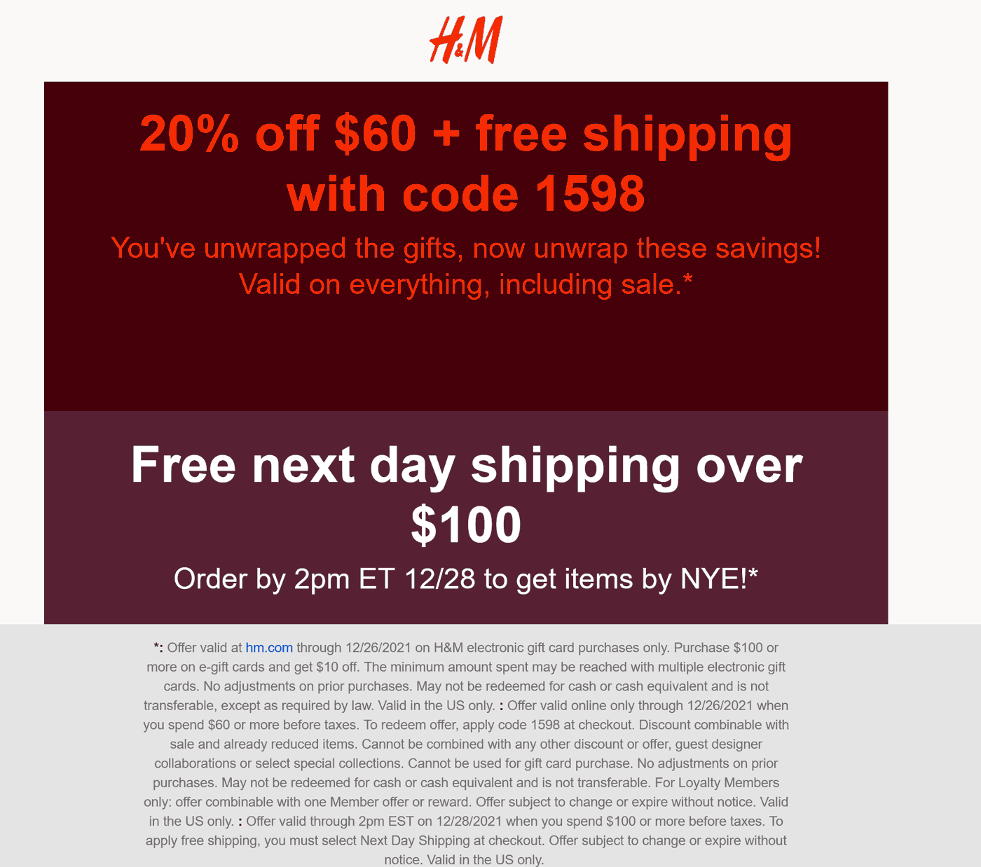 H&M stores Coupon  20% off $60 online today at H&M via promo code 1598 #hm 